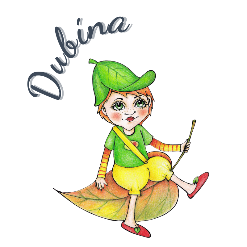 Ilustrace maskota Dubínek – postavička sedící na listu, symbol Dětské skupiny Dubina.